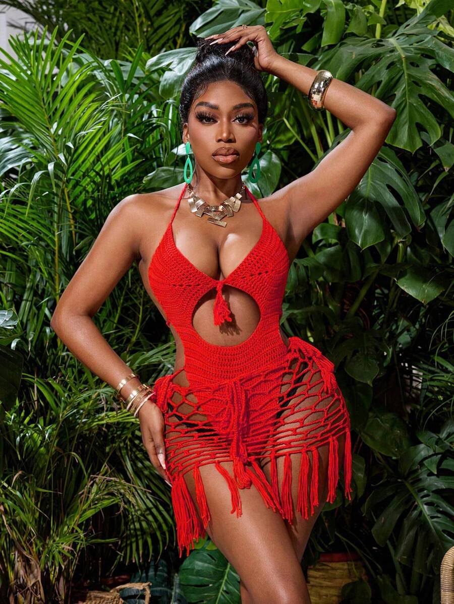 BamGleam 女士纯色镂空吊带连体裤和流苏下摆迷你裙性感度假套装新年衣服