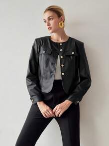 MOTF PREMIUM PU LEDEREN KLEP DETAIL ENKELE BREISTAS PLACKET JAS