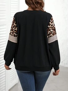 EMERY ROSE Plus Size Fall Women Solid Sequin & Leopard Patchwork Round Neck Long Sleeve Women Sweatshirts Winter Autumn - Black - View 2
