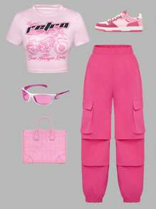 SHEIN Tween-Mädchen 2-teiliges Set mit Rundhalsausschnitt, kurzen Ärmeln, Buchstaben-Print und Hosen mit Taschen - Verschiedenfarbig - Übersicht 1