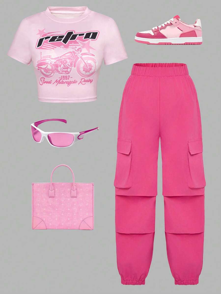 SHEIN Tween-Mädchen 2-teiliges Set mit Rundhalsausschnitt, kurzen Ärmeln, Buchstaben-Print und Hosen mit Taschen - Verschiedenfarbig - Übersicht 1