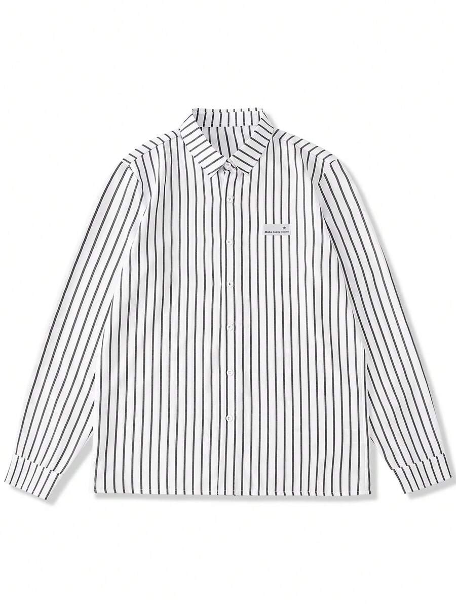Manfinity Hypemode Men Striped Print Applique Button-Up Long Sleeve Shirt - White - View 1