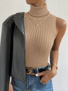 RosyDaze Women Solid Color Turtleneck Sleeveless Knit Sweater - Khaki - View 3