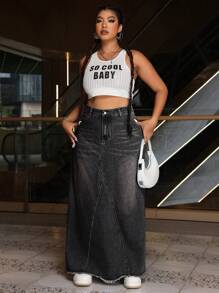 SHEIN ICON 大码女式口袋磨边下摆长款休闲半身裙 - 灰色 - 查看 3