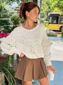 EURMUSE Women's Autumn/Winter Long Sleeve Ruffled Jacquard Knit Sweater - Beige - View 3