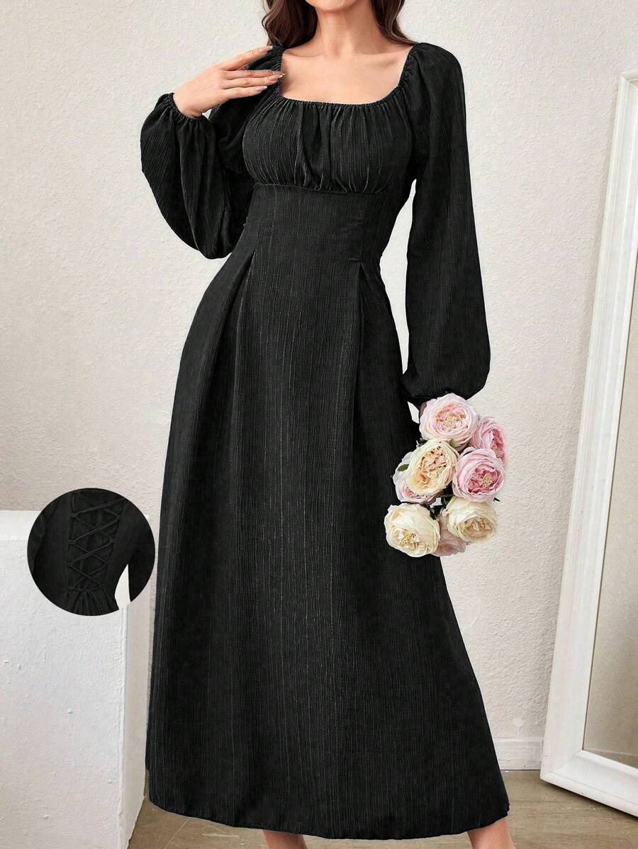 Modelyn 女士春夏纯色褶皱灯笼袖连衣裙超长女士装长款晚礼服 - 黑色 - 查看 1