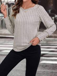 Chiquease 长袖休闲T恤配金属装饰纽扣，纹理针织 - 杏色 - 查看 6