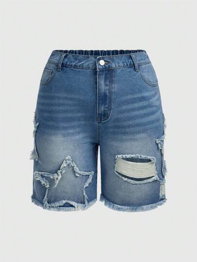 Grunge Punk Short en jean déchiré avec imprimé étoile, appliqué et ourlet effiloché pour femmes grandes tailles, style décontracté ample à jambe droite, pour l'école