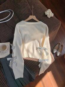 Comfortcana Women's V-Neck Button Down Long Sleeve Bow Tie Elegant Cardigan Sweater - Beige - View 2