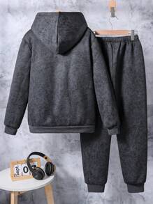 2pcs/Set Teen Boy Winter Streetwear Hoodie And Sweatpants Set, Vintage Wash - Black - View 2
