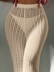 SHEIN Swim Summer Beach Hollow Out Knitted See-Through Cover-Up Pants, Holiday - Apricot - View 5