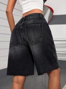 SHEIN EZwear Women's Pocket Design Frayed Hem Wide Leg Bermuda Denim Shorts - Black - View 3