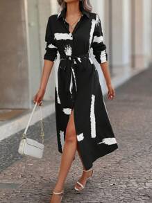 SHEIN Clasi Graphic Print Belted Shirt Dress Maxi Women Outfit Fall Cloth For Women - Black and White - View 4