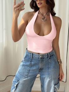 Mystra 女士纯色简约日常吊带上衣 粉色 夏季 - 粉色 - 查看 3