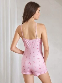 Silk-Like Floral Lace Insert Spaghetti Strap Romper - Pink - View 2