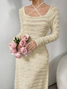 Modelyn 女士纯色长袖荷叶边领交叉优雅连衣裙，春夏长款女装 - 杏色 - 查看 4