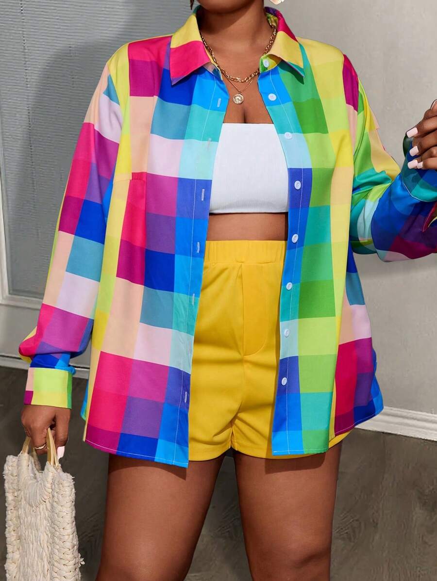 Slaydiva 2 pezzi Set di camicetta a maniche lunghe con stampa plaid colorata ampia ed elegante per l'uso quotidiano e giacca corta aderente di colore giallo solido, adatto per primavera e autunno, taglie comode per donne - Multicolore - Visualizzare 1