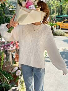 RueChic Cable Knit Open Back Pullover Sweater - Beige - View 2
