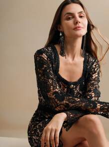 Anewsta Women's Water-Soluble Lace Square Collar Waist-Cinched Bodycon Dress - Black - View 7