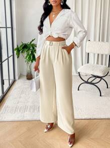 Zolique Solid Belted Straight Leg Pants - Beige - View 5