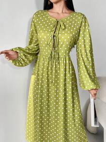 Mulvari Damen Kleid mit Langarm und Bindekordel vorne, mit Polka Punkt Muster