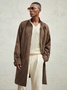 AKNOTIC Business Casual 男士宽松落肩实用开衩休闲立领长款风衣，棕色和咖啡色，适合秋冬 - 咖啡棕 - 查看 4