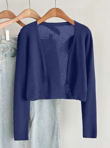 SHEIN Essnce 大码女式纯色长袖休闲开衫，秋冬款 - 寶藍色 - 查看 1