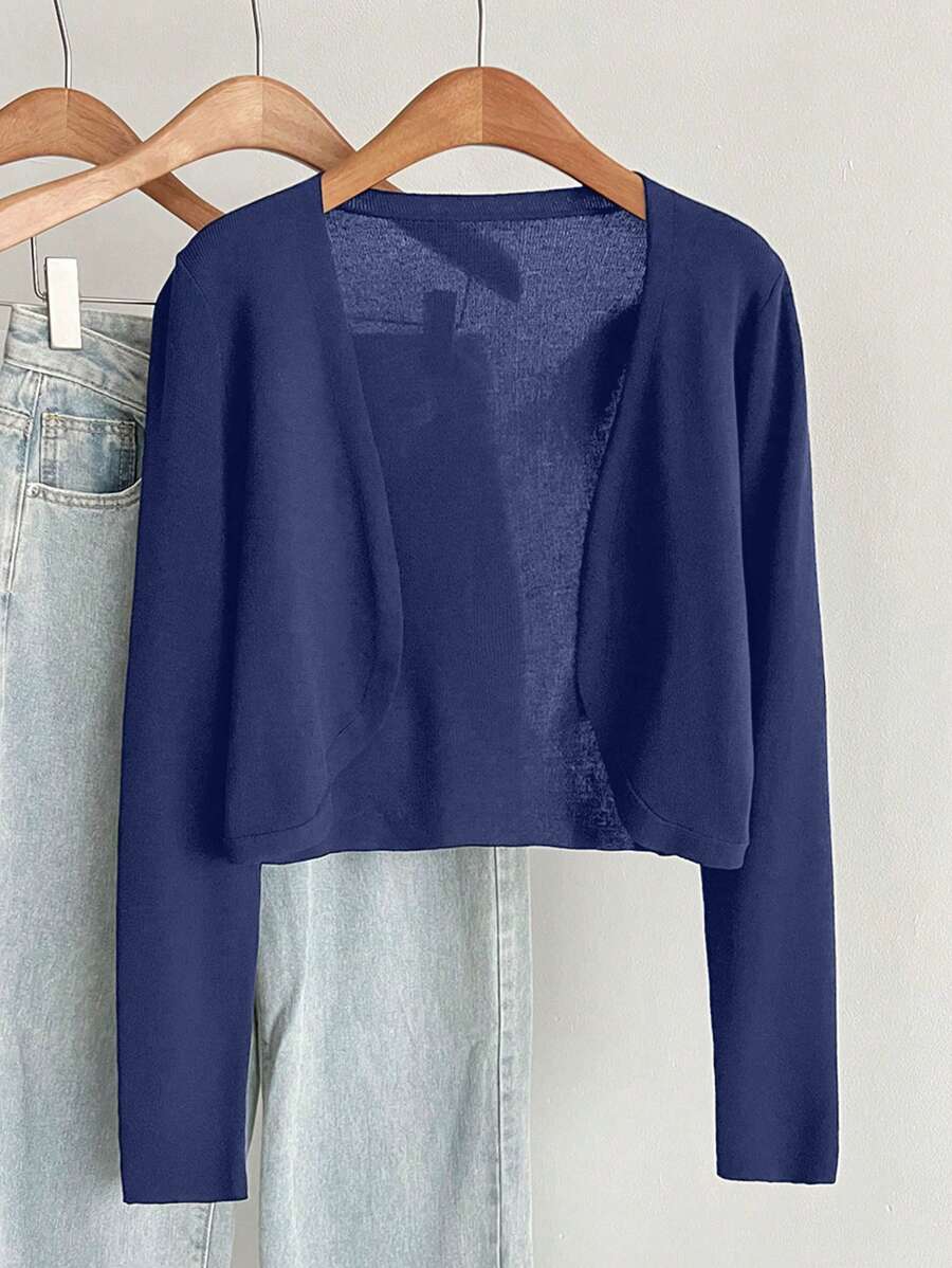 SHEIN Essnce 大码女式纯色长袖休闲开衫，秋冬款 - 寶藍色 - 查看 1