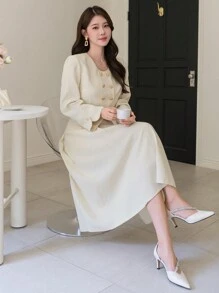 2 件套女式纯色纹理短款夹克和裙子套装，秋季服装 - 杏色 - 查看 6