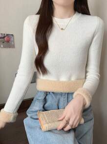 DAZY Women's Solid Color Round Neck Long Sleeve Thermal Lined Thick Sweater, Fall/Winter