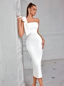 Elisanya Vestido de cóctel ADYCE de un hombro, unicolor, con lazo decorativo, escote strapless, abertura en la espalda y hasta la rodilla, blanco, elegante y semiformal para bodas, cumpleaños, graduación, cena o eventos