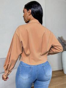 Zolique Women's Camel Autumn Elegant Office Solid Color Dropped Shoulder Long Sleeve Fitted Waist Short Shirt,Spring & Summer Texture Fabric Back To Work - Rust Brown - View 2