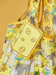 TOM & JERRY X SHEIN 1pc Full Printed RPET Foldable Reusable Shopping Bag, Fashionable Butter Yellow Bag For Women
