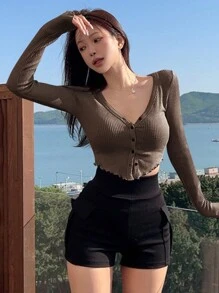 DAZY Women's Solid Color Button Up Long Sleeve T-Shirt,Fall Clothes,Back To School Clothes - Coffee Brown - View 4