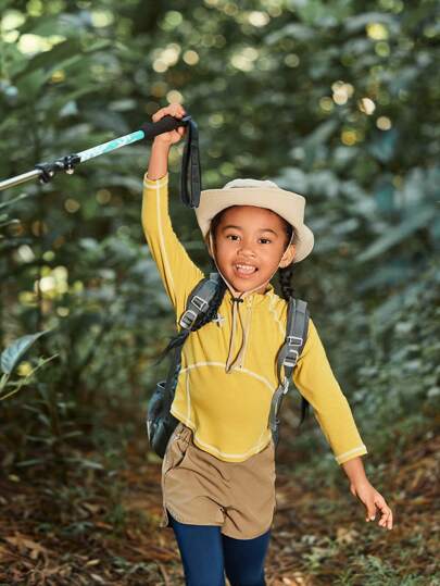 SHEIN 女童户外运动徒步露营背包旅行跑步保暖拼色圆领运动衫，秋冬款