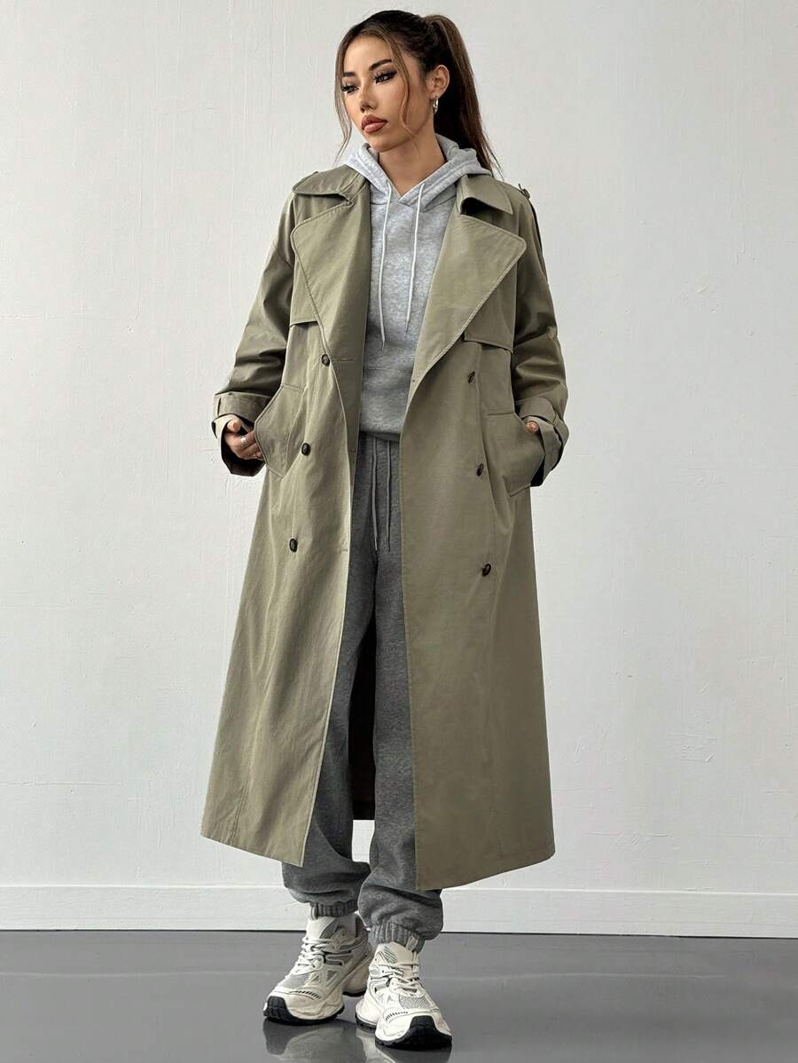 SHEIN EZwear Plus Size Women's Solid Color Mottled Collar Long Sleeve Double-Breasted Casual Windbreaker Trench Coat Women Long Coats For Women Winter Fall Autumn