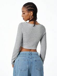 SHEIN Coolane Women's Fall Basic Streetwear Fashion Knit Cable-Knit Textured Fitted  Long Sleeves Grey Tee For Back To School