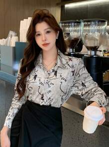 DAZY 1pc Women's Full Floral Print Long Sleeve Blouse,Fall Clothes Graphic Tee - Apricot - View 4