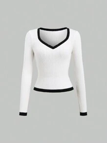 Sweetra Women Contrast Trim Long Sleeve Sweater, Knit Pullover Fall Winter - Beige - View 1