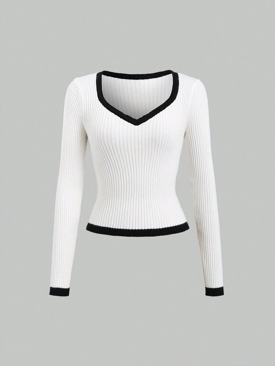Sweetra Women Contrast Trim Long Sleeve Sweater, Knit Pullover Fall Winter - Beige - View 1