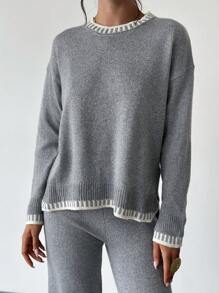 Firerie 2pcs Women's Contrast Trim Loose Pullover Sweater + Pants Casual Homewear Set, Fall And Winter, Casual, Longsleeve
