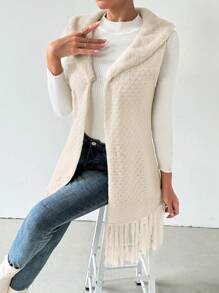 SHEIN Privé Women's Warm Fashion Fringed Hem Midi Cardigan With Fur Collar, Autumn/Winter - Apricot - View 5