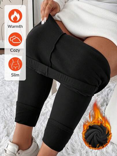 SHEIN CURVE+ Plus Size Women Solid Color Thermal Lined Leggings, Suitable For Winter