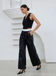 SHEIN Privé Stylish Colorblock Elastic Waist PU Leather Design Loose Fit Pants Fall Cloth For Women - Black - View 4