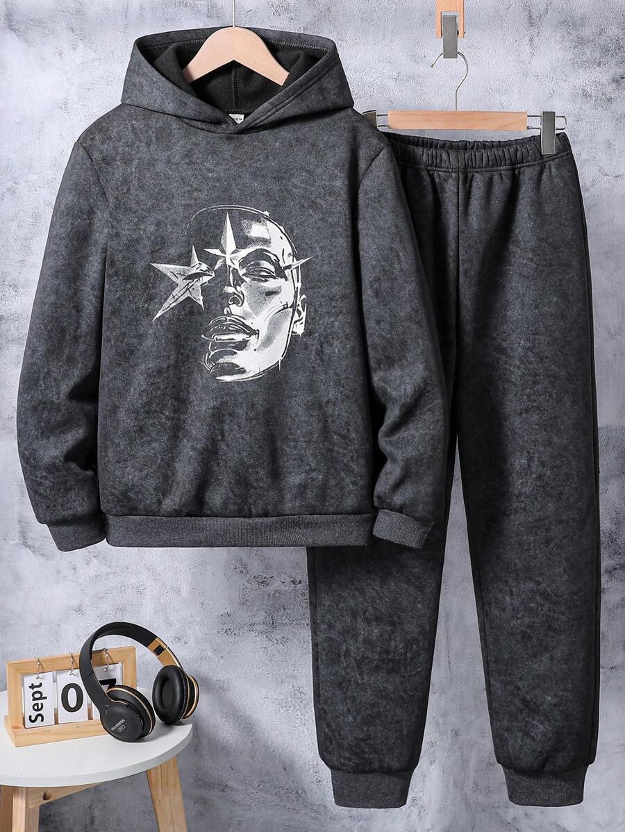 2pcs/Set Teen Boy Winter Streetwear Hoodie And Sweatpants Set, Vintage Wash - Black - View 1