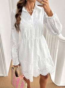 SHEIN Frenchy Women's Solid Color Laser Cut Embroidered Ruffle Hem Dress, Spring/Summer Winter New Year White - White - View 6