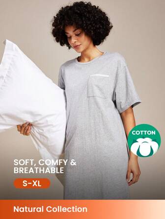LUVLETTE Grey Basic Soft T-Shirt Nightdress Cotton Women Pajamas Lounge Sets Slip Dress