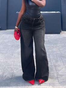 （棉质款可选）女士复古毛边阔腿牛仔裤，休闲黑色，春季款 - 黑色 - 查看 3