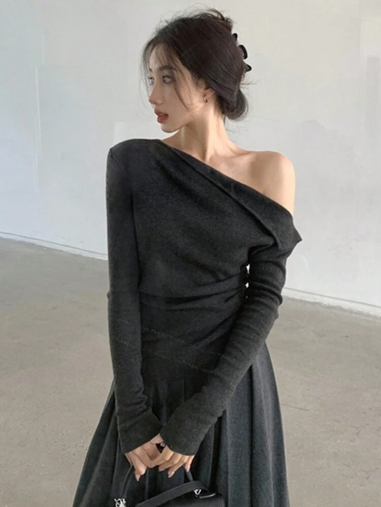 Women's Asymmetrical Shoulder Elegant Knit Sweater, Autumn/Spring,Long Sleeve Tops