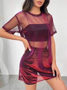 SHEIN EZwear Damen durchsichtiges Mesh Kleid mit Rundhalsausschnitt und Kurzarm